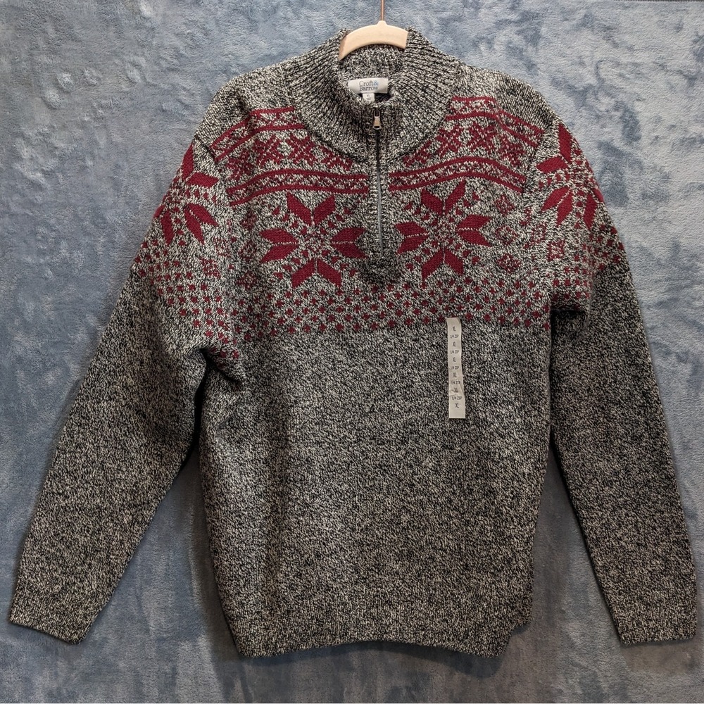 Croft & Barrow Men's‎ Snowflake Sweater Long Sleeve 1/4 Zip Gray Red Size XL
